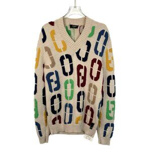 Fendi Mens Multicolor V-Neck Wool Pullover Sweater Size L